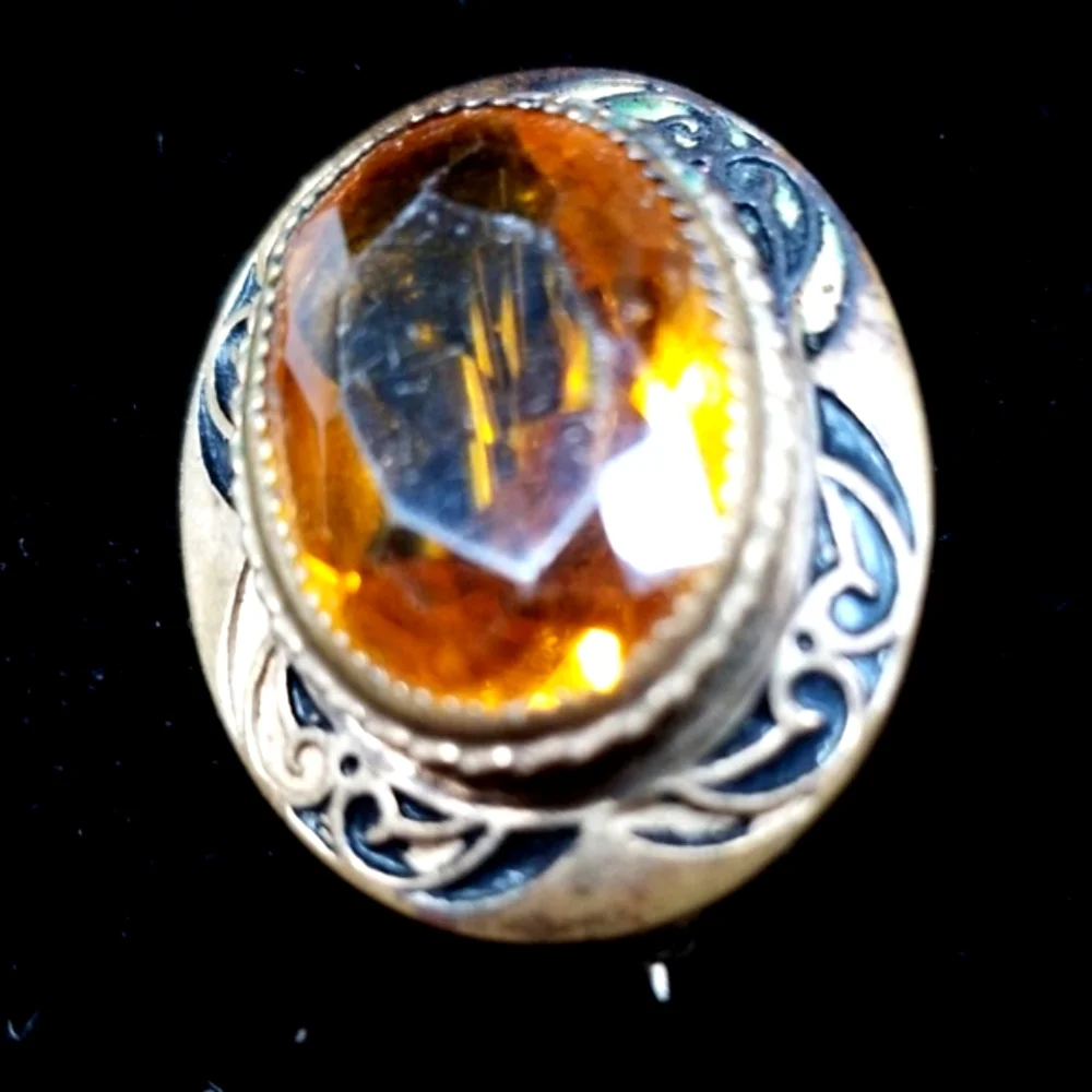 Vintage 1920s Art Deco Amber Citrine Glass Gold Tone Brooch - Picture 11 of 12